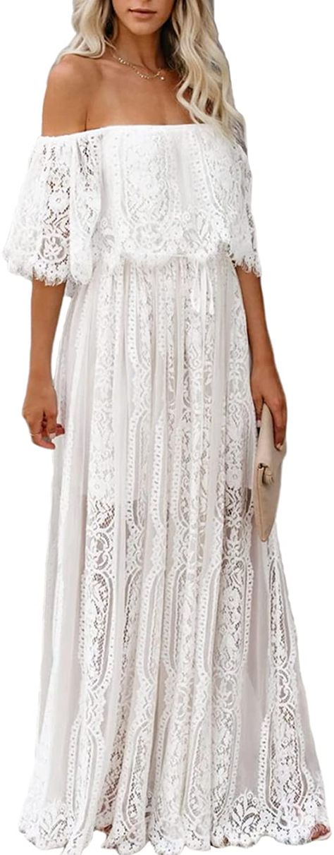 HOYISHION Women's Off Shoulder Floral Lace Bridesmaid Maxi Dress White Long Maternity Bridal Shower Wedding Party Dresses at Amazon Women’s Clothing store Dress For The Beach, Long Party Gowns, Floral Lace Maxi Dress, White Flowy Dress, Party Gown Dress, White Lace Maxi Dress, White Bridesmaid, White Lace Maxi, Maternity Dresses For Photoshoot