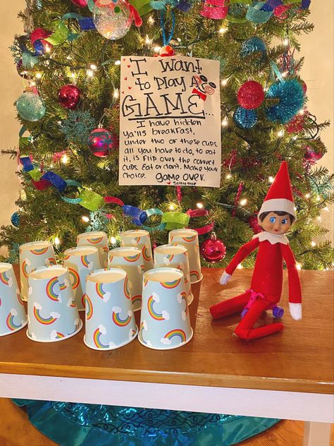 Elf On The Shelf Cup Game, Elf On The Shelf Idea, Elf Games, Elf On Shelf, Fruit Cup, Cup Game, Cup Games, Lets Play A Game, Play A Game