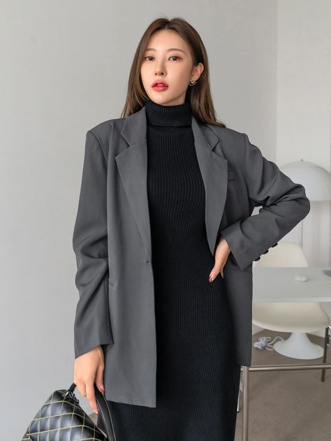 Dark Grey Elegant  Long Sleeve Polyester Plain Regular  Non-Stretch Spring/Fall Women Suits Grey Blazer Women, Coat Styling, Dark Grey Blazer, Style For Spring, Women Blazers, Women Suits, Grey Suit, Belted Blazer, Suit Coat