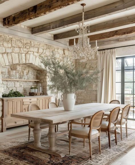 Wooden Ceiling Beams, Country Dining Room, French Country Dining Room, Timeless Interior Design, Modern French Country, Wooden Ceiling, French Country Dining, Timeless Interior, Country Dining Rooms