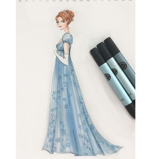 Regency Dress Drawing, Bridgerton Character Design, Bridgerton Sketch, Bridgerton Drawing, Bridgerton Watercolor, Bridgerton Illustration, Princess Dress Drawing, Ballgown Illustration, Cinderella Dress Sketch