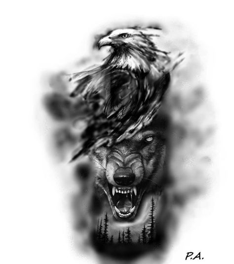 Wolf And Hawk Tattoo, Wolf Eagle Tattoo Design, Jafar Tattoos, Wolf Warrior Tattoo, Angry Wolf Tattoo Design, Arte Trash Polka, Usmc Tattoo, Wolf And Moon Tattoo, Lone Wolf Tattoo