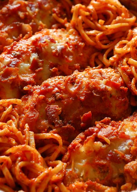 Chicken Spaghetti in Homemade Italian Tomato Sauce Homemade Italian Tomato Sauce, Homemade Italian Spaghetti Sauce, Parmesan Crusted Chicken Breast, Spaghetti Tomato Sauce, Italian Spaghetti Sauce, Baked Mozzarella, Crusted Chicken Breast, Baked Chicken Breasts, Italian Spaghetti