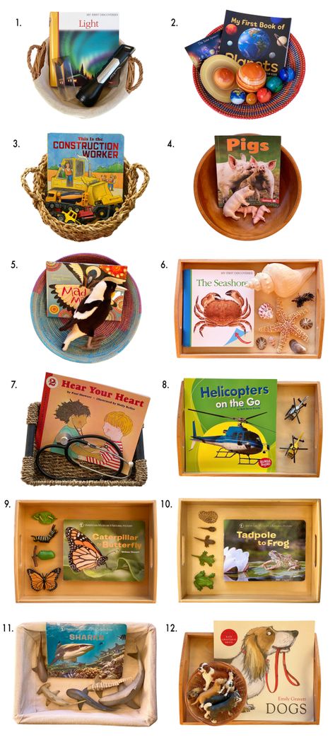 Montessori Centers, Toddler Morning Basket Ideas, Preschool Montessori, Montessori Library, Story Baskets Ideas, Story Baskets For Preschool, Preschool Story Baskets, Story Baskets For Toddlers, Montessori Teacher Gifts