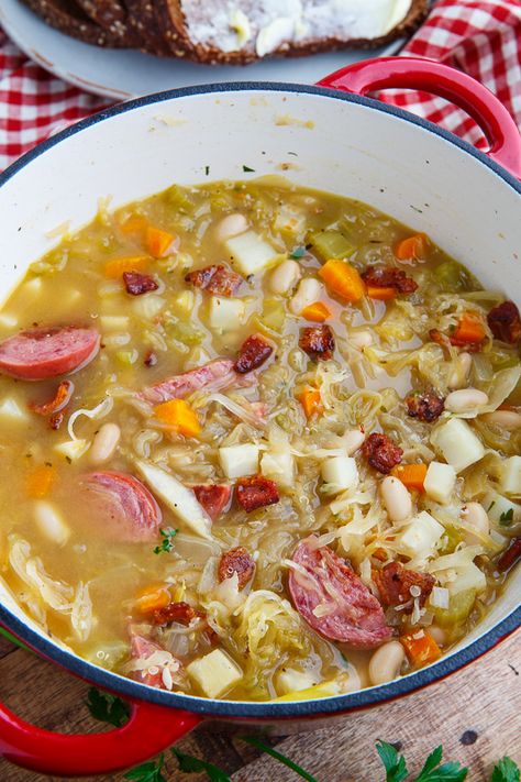 Kielbasa Sauerkraut Soup Kielbasa Sauerkraut, Bacon Beans, Kielbasa Soup, Sauerkraut Soup, Soup With Bacon, Sauerkraut Recipes, Soup And Stew, Cabbage Soup, Kielbasa