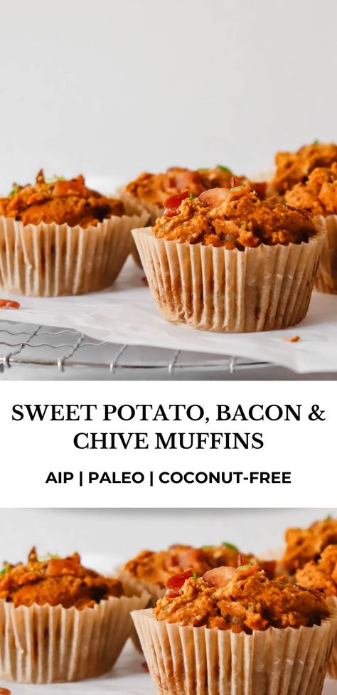 These Savory Sweet Potato, Bacon and Chive Muffins are the ultimate comfort food. They’re perfect as a quick breakfast, or with a hearty soup for lunch/dinner and are AIP, paleo and coconut-free! #sweetpotato #muffins #bacon #chive #savorymuffins #aip #paleo #coconutfree #breakfast #dairyfree #aiprecipes #paleorecipes #savorymuffiins #sweetpotatomuffins Aip Breakfast Muffins, Aip Camping Food, Paleo Quick Breakfast, Aip Comfort Food, Aip Lunch Ideas, Autoimmune Paleo Breakfast, Aip Muffins, Aip Breakfast Recipes, Lunch Muffins