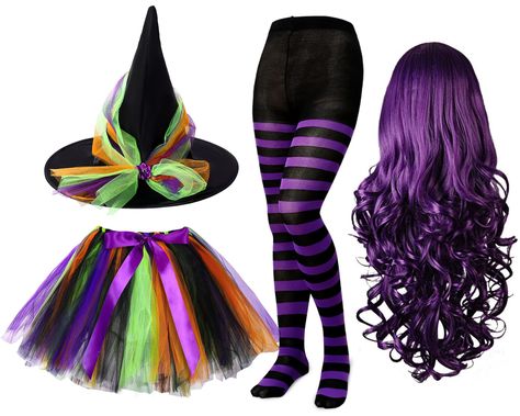 PRICES MAY VARY. Halloween Witch Costume Set: you will receive 1 piece of green purple tutu skirt, 1 piece of witch hat, 1 piece of purple striped tights, 1 piece of purple hair wig cap, which dress for Halloween cosplay party, these gorgeous costumes will make your eye catching at the party Quality Material: this Halloween witch tutu outfit is made of polyester, serviceable for long term wear, the tutu is fluffy and easy to put on and take off, lace on one side of the waist, soft and comfortabl