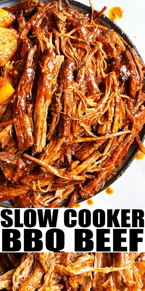 SLOW COOKER SHREDDED BEEF RECIPE- Easy crockpot bbq pulled beef, homemade with simple ingredients. This melt in your mouth, juicy, tender chuck roast pulled beef is full of barbecue sauce, spices and lots of paprika. From SlowCookerFoodie.com Shredded Beef Bbq, Bbq Beef Crockpot, Bbq Pulled Beef, Tender Chuck Roast, Coastal Birthday, Slow Cooker Shredded Beef, Shredded Beef Recipes, Ribs Recipes, Bbq Roast