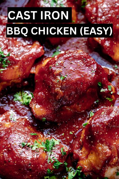 This cast iron bbq chicken is an easy weeknight meal! Featuring homemade bbq sauce and chicken thighs! It's so easy to make, you just need a deep cast iron pan or dutch oven and you're ready to make this dish! Bbq Chicken In Cast Iron Skillet, Cast Iron Dutch Oven Chicken Recipes, Chicken Thighs Dutch Oven, Cast Iron Bbq Chicken, Dutch Oven Bbq Chicken, Oven Bbq Chicken Thighs, Chicken Cast Iron Skillet, Cast Iron Chicken Breast, Cast Iron Chicken Thighs