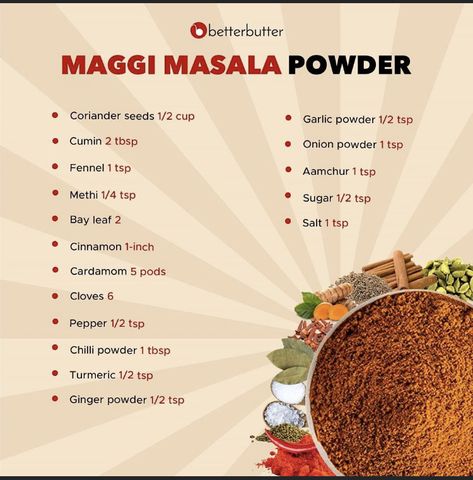 Masala Ingredients, Maggi Masala, Maggi Recipes, Masala Powder Recipe, Homemade Spice Mix, Spice Blends Recipes, Spice Mix Recipes, Homemade Spice Blends, Tandoori Masala