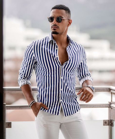 Striped Shirt Outfit Men, White Striped Shirt Outfit, Blue Striped Shirt Outfit, Striped Shirt Outfit, Blue And White Striped Shirt, Shirt Outfit Men, Black Men Fashion Casual, Mens Summer Outfits, Mens Casual Outfits Summer