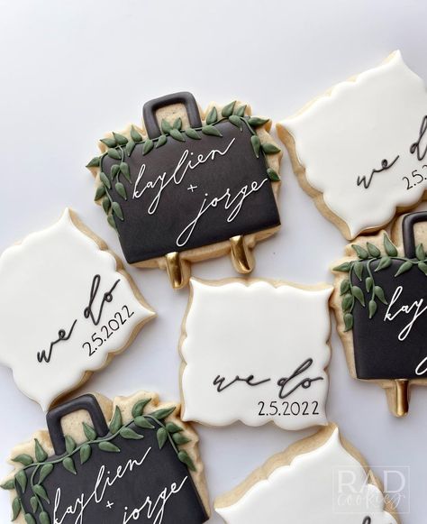 Rad Cookies’s Instagram profile post: “wedding things 💍🌿🖤 . . . . #cookiesofinstagram #decoratedcookies #sugarcookies #royalicingcookies #cookies #wedding #weddingcookies…” Black Wedding Cookies, Black And White Wedding Cookies, White Wedding Cookies, Cookies Wedding, Bridal Shower Cookies, 2022 Wedding, Black And White Wedding, Instagram Wedding, Wedding Cookies