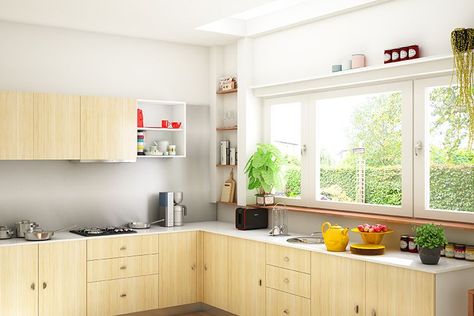 Large kitchen window Kitchen With Windows, Large Kitchen Window, Small Kitchen Window, Modern Kitchen Window, Stylish Small Kitchen, Kitchen Window Design, Rental Kitchen, Modular Kitchen Designs, Charming Kitchen