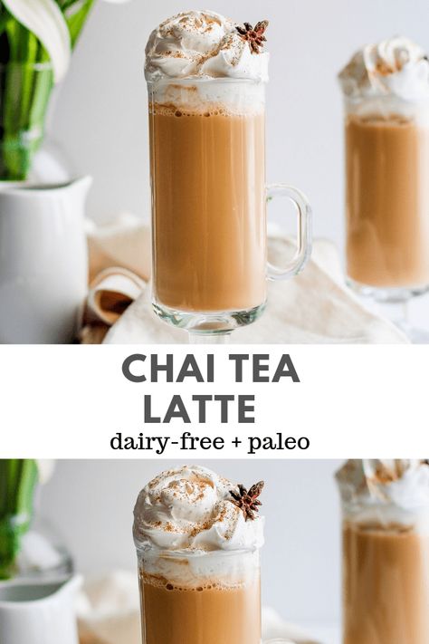 Chia Tea Latte Recipe, Chai Tea Latte Recipe, Wooden Skillet, Iced Chai Tea Latte, Dairy Free Coffee, Paleo Drinks, Tea Latte Recipe, Dairy Free Smoothies, Chai Recipe