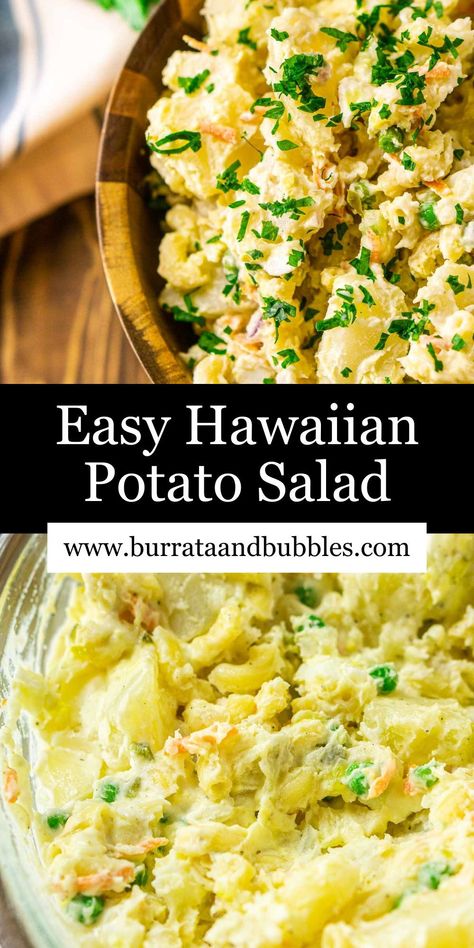 No backyard party is complete without this Hawaiian potato salad! Featuring tender chunks of potato and loads of macaroni, this ultra creamy potato salad is a classic island side dish that’s perfect with just about any summer meal. It’s great for serving a large crowd, and it’s as simple as can be. Hawaiian Potato Salad, Hawaiian Salad, Hawaiian Macaroni Salad, Party Side Dishes, Hawaiian Dishes, Mac Salad, Easy Potato Salad, Creamy Potato Salad, Summer Meal