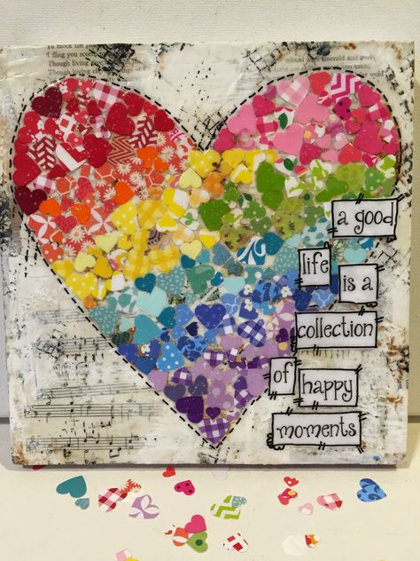 Rainbow heart, mixed media heart, valentines day heart. heart sign, a good life Craft Hearts, Feather Signs, Heart Mixed Media, Poem Book, Decor Valentines Day, Feather Wall Decor, Rainbow Sign, Paper Collages, Altered Canvas