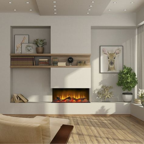 Media Walls For Small Rooms, Modern Electric Fireplace Ideas, Modern Electric Fireplace, Bed 3d, Feature Wall Living Room, Wall Fires, Seaside House, Decor Fireplace, Old Fireplace