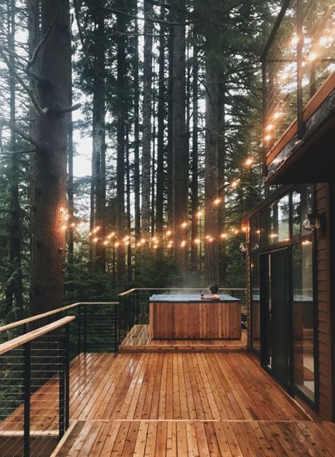 Open deck and hot tub with twinkly lights = perfect! Girls Weekend Getaway, Woodland House, Cozy Cottages, Cozy Cabins, Getaway Cabins, Cabin In The Woods, Log Cabins, Vacation Resorts, Outdoor Deck