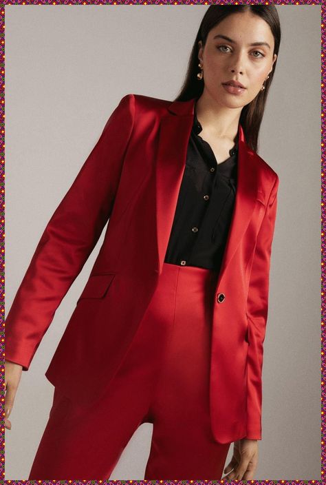 Red Pants Black Blazer, Christmas Suits Women, Red Pantsuit, Prom 2022, Satin Suit, Suit Ideas, 21 Birthday, Trouser Suit, Christmas Outfits Women