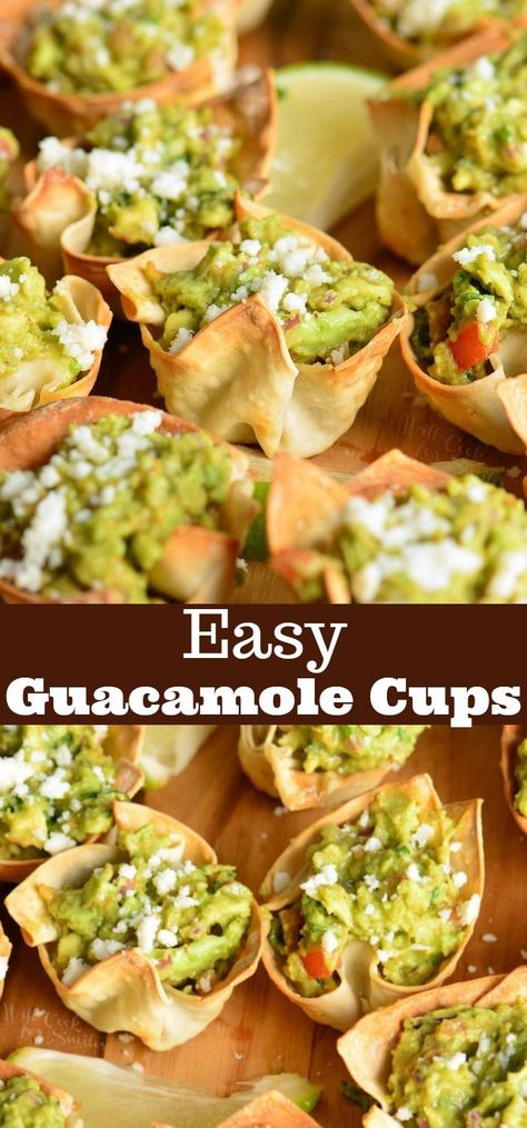 Guacamole Cups. Simple and tasty party appetizer. They are made with wonton wrappers, filled with homemade guacamole and topped with crumbled Cotija cheese. #appetizer #snack #avocado #guacamole #individual Guacamole Cups, Wonton Wraps, Wonton Wrapper Recipes, Avocado Guacamole, Cheese Appetizer, Won Ton, Mexican Appetizers, Wonton Recipes, Easy Guacamole