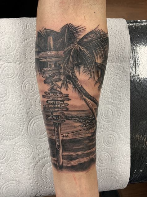 Florida Leg Tattoo, Mens Tropical Tattoos, Beach Sleeve Tattoo Men, Tropical Themed Tattoos, Florida Beach Tattoo, Beach Themed Tattoos Men, Coastal Tattoos Men, Beach Theme Sleeve Tattoo, Men’s Beach Tattoos