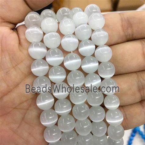 white round Cats Eye Stone Beads, approx 10mm dia (GB13596-10MM) - BeadsWholesale.com White Gemstone Beads For Spiritual Use, White Faceted Beads Round Jewelry, White Inelastic Round Beads Jewelry, Cats Eye Gem, White Agate Round Beads, White Round Gemstone Beads, Gemstone Beads Wholesale, Cats Eye Stone, Cats Eye