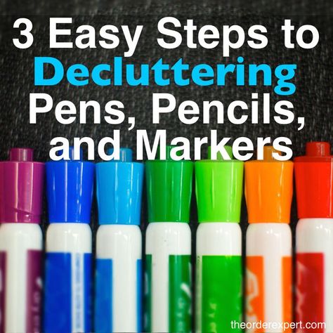 Stop wasting time looking for a pen that works. Here are three easy steps to decluttering all those pens, pencils, and markers at home and the office. Pin now, read later! Board Organization, Pens And Markers, Getting Organized At Home, Office Organization At Work, Back To School Organization, Housekeeping Tips, Stop Wasting Time, Getting Rid Of Clutter, Organisation Hacks