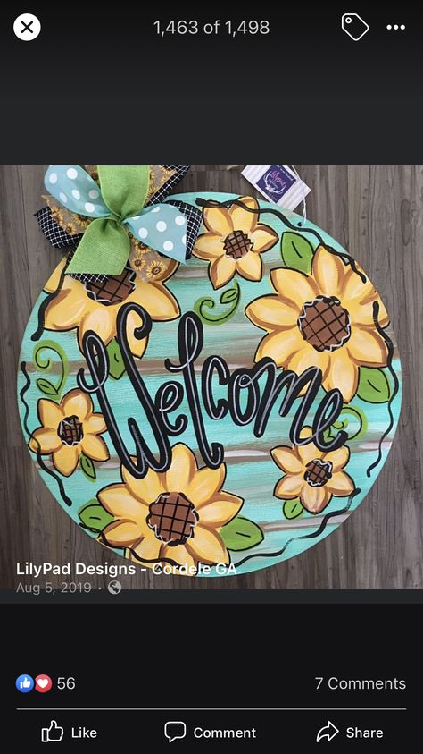 Christian Circle Wood Signs, Round Wooden Door Hangers Diy, Painted Hangers, Painted Clipboards, Painted Door Hangers, Painted Pavers, Sunflower Door Hanger, Welcome Signs Front Door, Round Signs