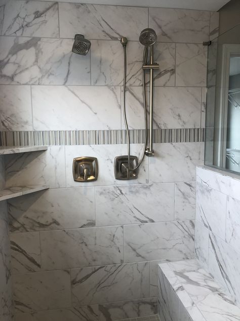 Costar Calacatta Empire 12 X 24 INSTALL BRICKJOINT PATTERN HORIZONTAL:: GROUT #544 ROLLING FOG Grey House, Custom Built Ins, Grey Houses, Condo Ideas, Bathroom Remodel Designs, Here We Go Again, Beautiful Bathrooms, New House Ideas, Modern Aesthetics