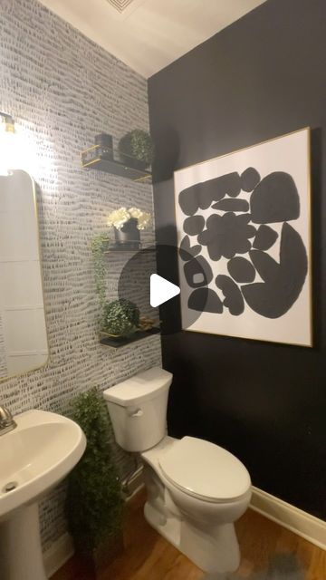 Tonya ~ Interiors and Custom Home Decor on Instagram: "Powder room refresh! Half wallpaper, half paint for the win!  #halfbath #guestbathroom #guestbath #wallpaper #homedecor #home #bathroomideas #atl #atlanta #beforeandafter #blackandwhite #gracefuldreamshomedecor #homeinterior #homestyling #homeinteriors" Half Bathroom Ideas Decor, Half Wallpaper Half Paint, Powder Room Refresh, Half Wallpaper, Half Bathroom Design, Powder Room Wallpaper, Room Refresh, Half Bathroom, Half Baths