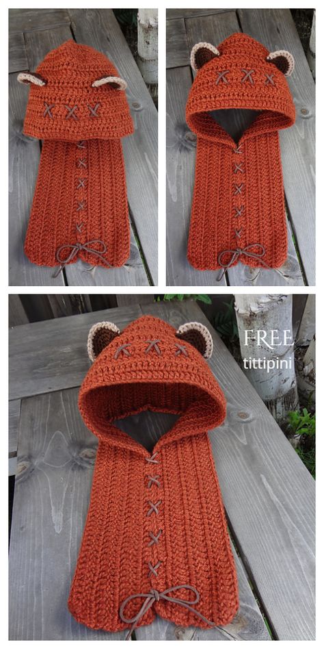 Crochet Adult Bear Hooded Scarf Cowl Free Crochet Patterns Hooded Scarf Pattern Free, Star Wars Crochet Patterns, Knit Hooded Scarf, Crochet Hooded Scarf Pattern, Crochet Hooded Cowl, Hooded Scarf Pattern, Crochet Baby Projects, Star Wars Crochet, Beautiful Dawn