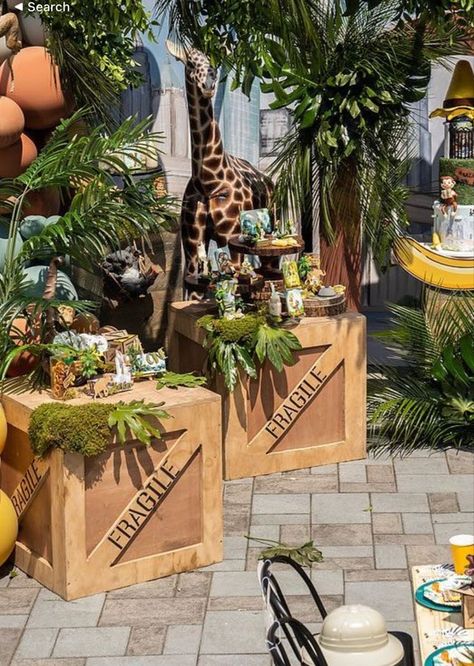 Safari Backyard Decor, Jungle Theme Event Decor, Safari Crates Jungle Theme, Animal Kingdom Party Decorations, Welcome To The Jungle Theme Party, Outdoor Jungle Party, Mickey Jungle Safari Party, Africa Theme Party Decorations, Adult Jungle Theme Party