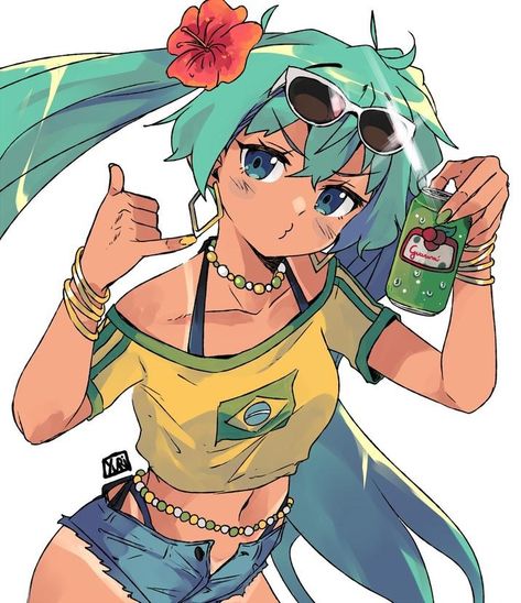 Brazilian Miku by @pirate_yuri | Brazilian Miku | Know Your Meme Miku Hatsune Vocaloid, Cute Anime Pics, An Anime, Cartoon Art Styles, Hatsune Miku, Character Drawing, Cute Anime Character, Blue Hair, Vocaloid