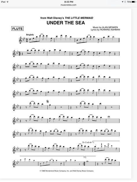 Under The Sea Flute Sheet Music, Flute Cover Songs, Flute Notes Songs Disney, Flute Sheet Music Disney, Flute Songs, Free Flute Sheet Music, Oboe Music, Flute Notes, Easy Violin Sheet Music