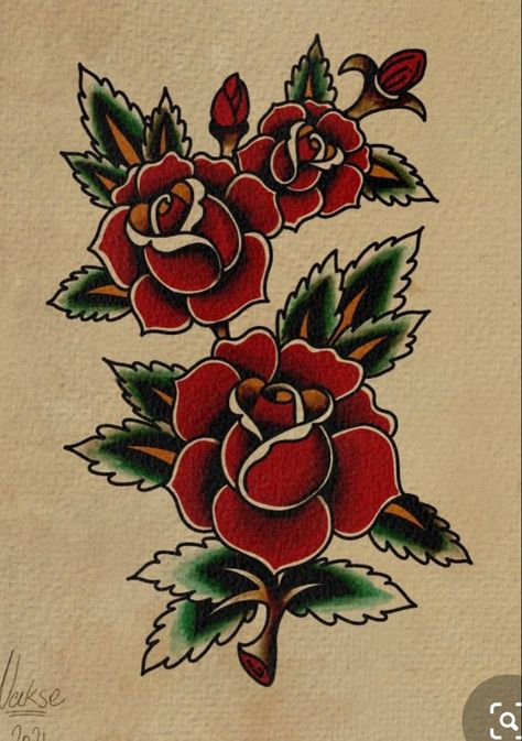 Flower Tattoo Designs Traditional, Traditional American Style Tattoo, Traditional Rose Tattoo Sleeve, American Traditional Rose Flash, American Traditional Flowers Tattoo, Traditional Roses Tattoo Design, American Trad Rose, Bold Traditional Tattoos, American Traditional Tattoos Rose