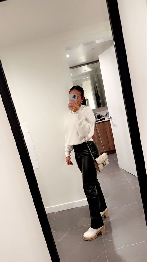 Christmas Eve Outfits Leather Pants, Flare Leather Pants Outfit Winter, Cute Fall Outfits Leather Pants, Leather Pant Christmas Outfit, Sweater And Leather Pants Outfit, White Sweater Black Pants, Leather Pants And White Shirt Outfit, Christmas Outfit With Leather Pants, Leather Pant Holiday Outfit