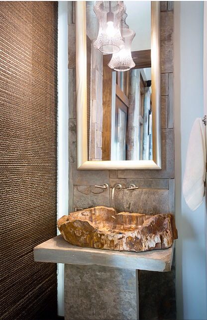 Petrified Wood Sink atop a Stone Pedestal - LOVE IT! Wood Sink Bathroom, Small Bathroom Double Sink, Mountain Home Living Room, Bathroom Double Sink, Rustic Powder Room, Petrified Wood Sink, Wood Sink, House Bathrooms, Modern Mountain Home