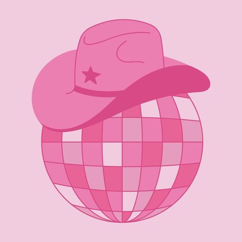 Vector pink disco ball with cowboy hat. Cowgirl illustration, disco retro party Disco Ball With Cowboy Hat, Disco Retro Party, Pink Cowgirl Aesthetic, Cowgirl Illustration, Disco Cowboy, Pink Disco Ball, Cowgirl Pictures, Pink Disco, Pink Cowboy Hat