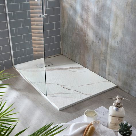 New In ✨⁠ ⁠ The Milano Asta - marble effect rectangular shower tray, multiple size options available.⁠ ⁠ The beautiful veining detail is a key feature and gives each tray a unique marking. If you're looking to incorporate marble in your bathroom at a comfortable price, head over to the link in our bio to shop. ⁠ ⁠ ℹ️ More details about the Milano Asta:⁠ ⁠ Available in a range of sizes for the perfect fit.⁠ Can be fitted on or level with the floor.⁠ Textured marble effect finish for a natural ... Marble Shower Tray, Lavabo D Angle, Bad Accessoires, Marble Showers, Floor Texture, Luxurious Spa, 50 Plus, Bathroom Accessory Sets, Shower Tray