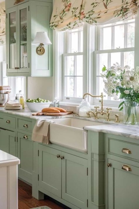 feminine kitchen in pale green with floral accents Soft Green Kitchen, Green Kitchens, Green Kitchen Designs, Cottage Kitchens, Green Cabinets, Cottage Kitchen, Green Kitchen, Kitchen Remodel Idea, Making Waves