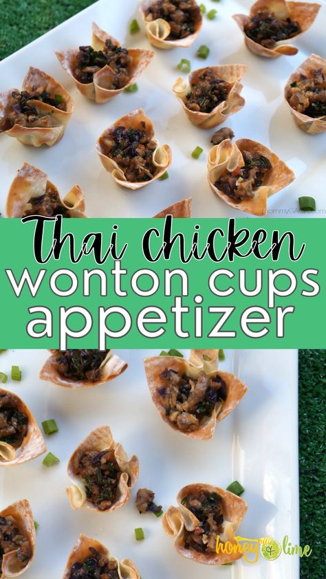 Easy Thai Chicken Wonton Cups Recipe Chicken Wonton Cups, Wonton Cups Appetizers, Easy Thai Chicken, Asian Food Appetizers, Chicken Appetizer, Thai Appetizer, Dairy Free Appetizers, Chicken Wontons, Wonton Cups