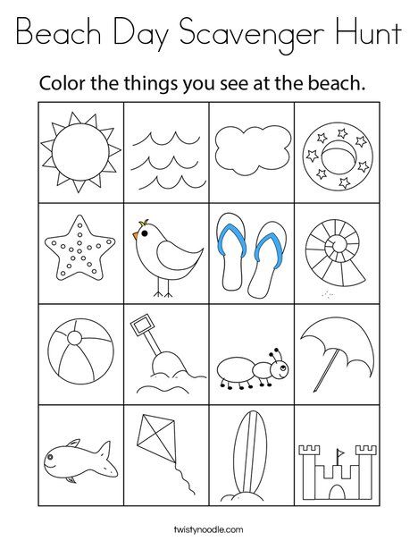 Beach Day Scavenger Hunt Coloring Page - Twisty Noodle Beach Worksheets For Preschool, Beach Scavenger Hunt For Kids, Beach Worksheet, Beach Scavenger Hunt, Superman Birthday Party, Coloring Pages Nature, Beach Coloring Pages, Superman Birthday, Twisty Noodle