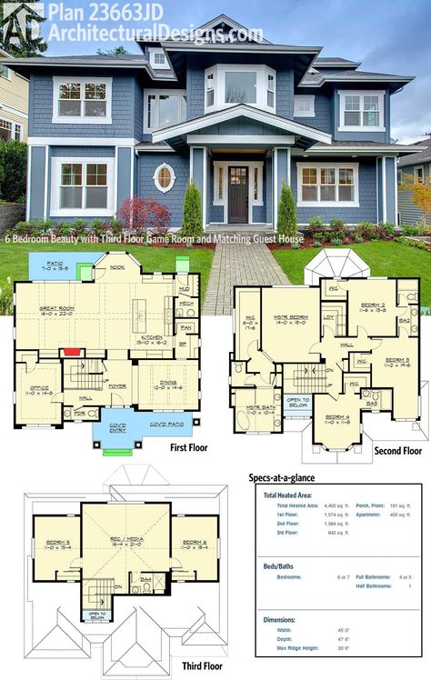 Small Craftsman House Plans, House Plans 2 Story, 6 Bedroom House Plans, Guest House Plans, Prairie Style Houses, Two Story House Plans, Two Story House, Two Bedroom House, 6 Bedroom House