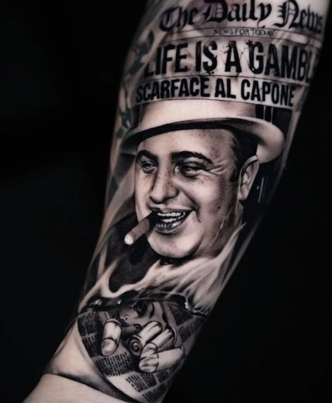 Al Capone Tattoo Design, John Gotti Tattoo, Italian Mafia Tattoo Design, Al Pacino Tattoo, Mafia Tattoo Ideas, Al Capone Tattoo, Miami Tattoo Ideas, Mob Tattoo, Goodfellas Tattoo