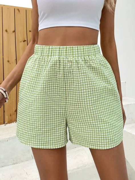 Trip Outfit Summer, Shein Shorts, Sewing Shorts, Wide Leg Shorts, Gingham Shorts, Elastic Shorts, Women Shorts, Shorts Womens, Thrift Fashion