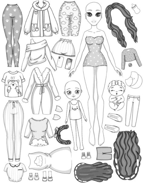 Paper Dolls No Color, Paper Dolls Printable Black And White, Paperdolls Printable Free Doll Clothes, Paper Doll Template Printables, Paper Dolls Coloring Pages, Paper Doll Coloring, Doll Coloring Pages, Black And White Collage, Paper Doll Printable