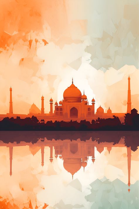 Transport yourself to the enchanting city of Agra as you behold the majestic Taj Mahal, standing gracefully under a sky ablaze with warm hues. The abstract elements and geometric shapes add a contemporary twist to this timeless architectural wonder, creating a striking and sophisticated composition 🤩 Taj Mahal Sunset, India Taj Mahal, Abstract Elements, City Wall Art, A Sky, Sunset Art, Agra, Geometric Shapes, Taj Mahal