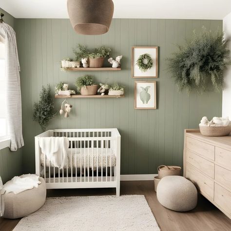 Light Green Nursery Ideas, Muted Blue Nursery, Nursery Ideas Green Accent Wall, Sage Green Nursery Paint Colors, Sage Green Accent Wall Nursery, Green Wall Nursery, Nature Nursery Ideas, Sage Green Nursery Gender Neutral, Nursery Ideas Green