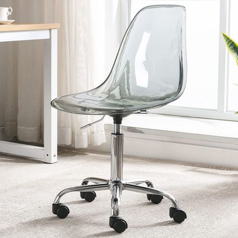 Amazon.com: Villeston Acrylic Clear Desk Chair, Modern Small Cute Armless Vanity Rolling Plastic Chair Home Office Lucite Ghost Chairs Cushion Padded with Adjustable Height and Wheels, Clear : Home & Kitchen Clear Desk Chair, Desk Chair Modern, Lucite Desk, Clear Chairs, Clear Desk, Rolling Chair, Ghost Chairs, Kids Desk Chair, Vanity Chair