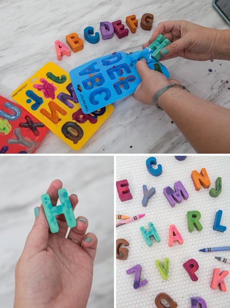 Melt down old crayons to turn them into these gorgeous alphabets! Party Food Hacks, Alphabet Crayons Diy, Crayon Melts Molds, Crayon Letters Diy, Melted Crayon Letters, Melted Crayons In Molds, Diy Melted Crayons, Name Crayons, Homemade Crayons